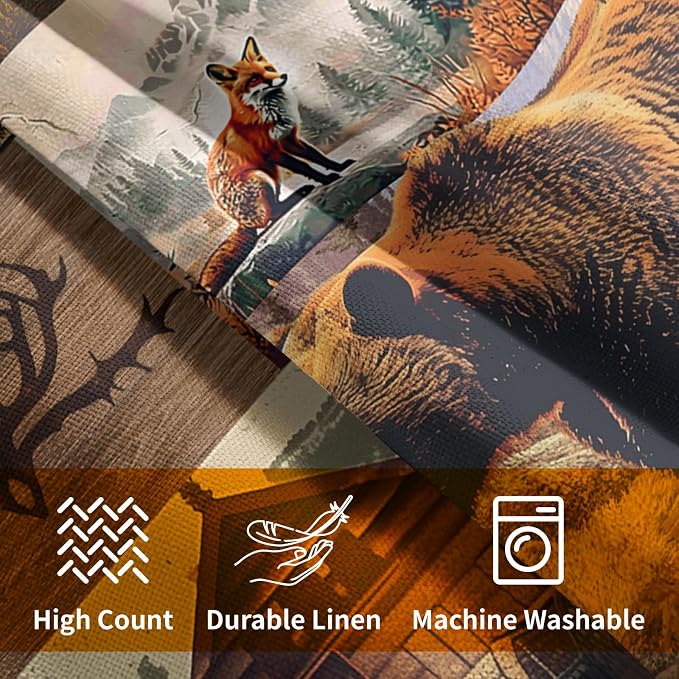 Kawani Cabin Bear Throw Pillow Covers 2 Pcs 20x20 Inches - Rustic Lodge Wild Animals Deer Decorative Pillowcase Cotton Linen Square Cushion Cover for Patio Couch Sofa Farmhouse Decor