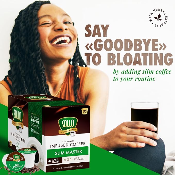 Sollo Slim Organic Coffee Pods, Diet Support, Weight Loss with Garcinia, Green Coffee Bean, Bold Dark Roast, Single Serve Pod, Compatible with Keurig K-Cup Brewers, 24 Ct