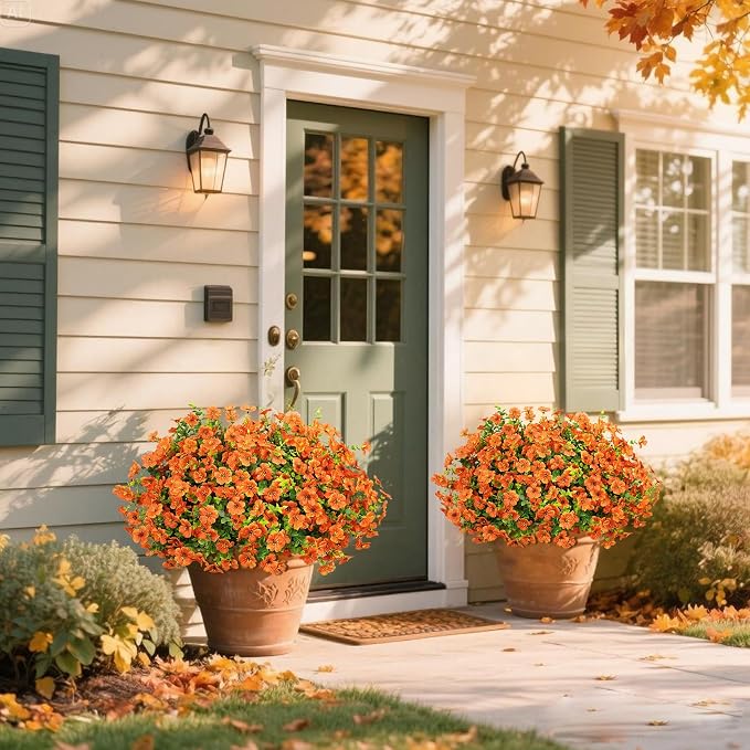 24 Pcs Artificial Fall Flowers, Fake Mums for Outdoors, Orange | Lifelike faux mums, silk flower, UV resistant, no-maintenance, for autumn Thanksgiving garden porch yard indoor outdoor decor