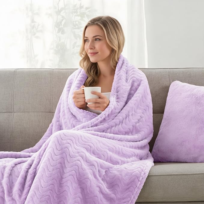 Exclusivo Mezcla Soft Fleece Blanket King Size for Bed, Sofa, Lilac Purple | 90"x104" Breathable Lightweight Flannel Blanket for Summer, Plush Cozy Jacquard Wave for Home Decor