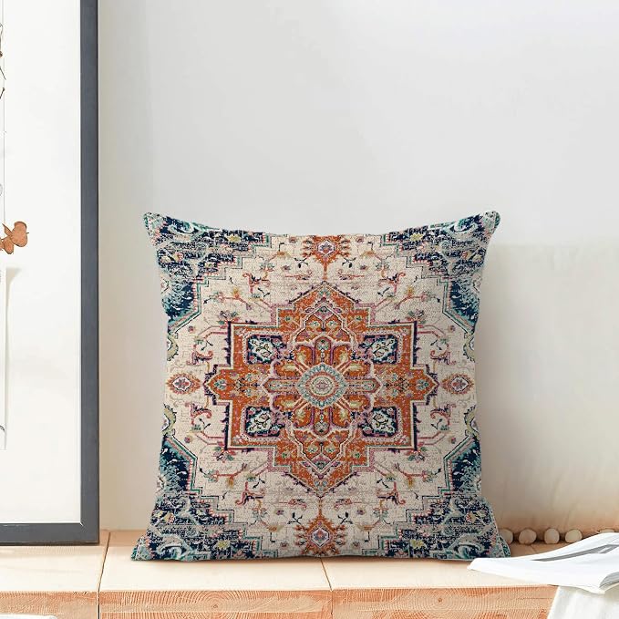 AEIOAE Boho Pillow Covers 18x18 Inch Set of 2,Carpet Pattern Throw Pillows Case,Navy Blue Orange Ethnic Design Outdoor Decorative Square Linen Farmhouse Decor Cushion Covers for Home Sofa Bed Couch