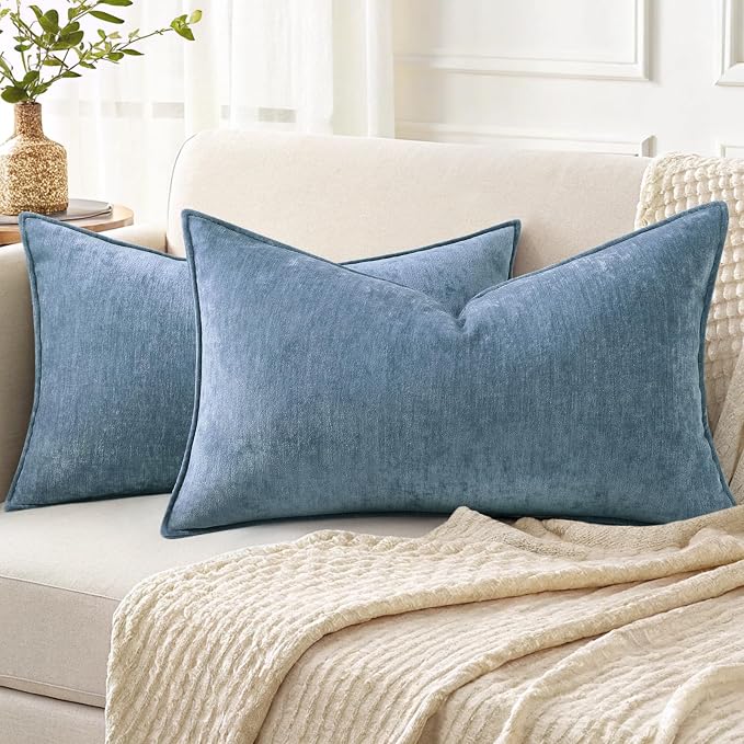 decorUhome Chenille Blue Grey Velvet Throw Pillow Covers 12x20 Set of 2 | Fall Soft Lumbar Couch Decorative Modern Farmhouse Pillow Cases with Elegant Design for Sofa Bed Living Room Home Decor