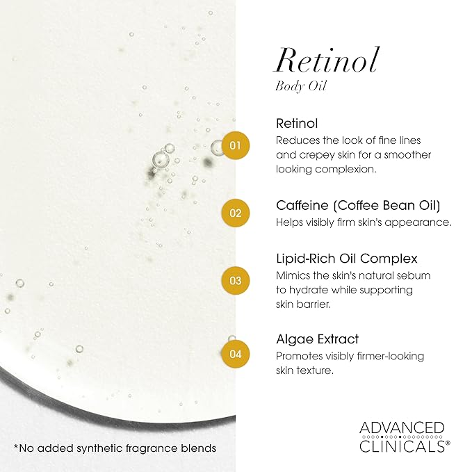 Advanced Clinicals Retinol Body Firming Oil | Retinol Body Oil After Shower Moisturizer Targets Look Of Crepey Skin & Wrinkles | Infused With Caffeine, Algae, & Vitamin E, Fragrance Free, 3.8 Fl Oz