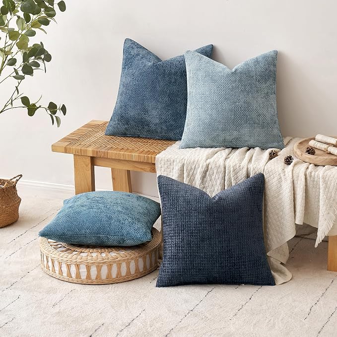 MIULEE Soft Decorative Chenille Pillow Covers Blue Series 16x16 Pack of 4 | Modern Coastal Decor, Blue Gradient Set, Couch Throw Pillows, Farmhouse Boho Cushion Covers for Sofa Bed Living Room