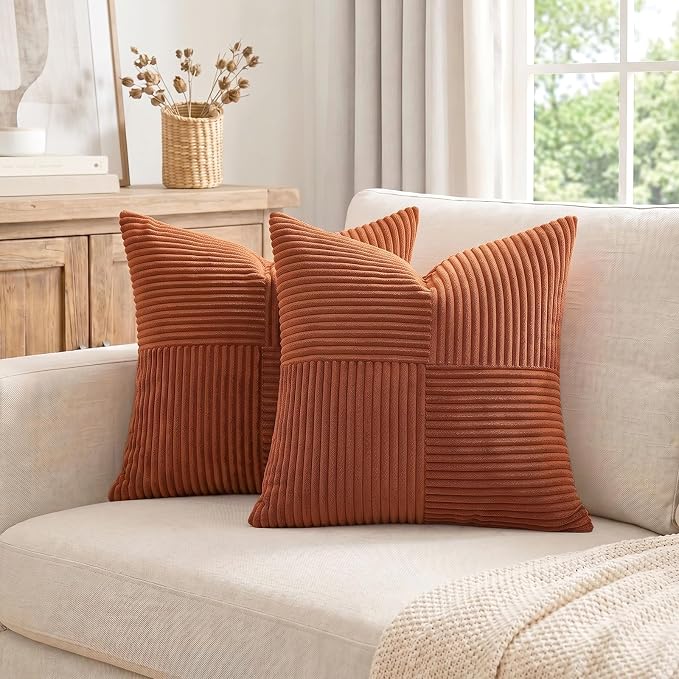 Fancy Homi Rust Boho Decorative Throw Pillow Covers 18x18 Inch for Living Room Couch Bed, Farmhouse Home Decor, Soft Corss Corduroy Patchwork Textured Terracotta Accent Cushion Case 45x45 cm