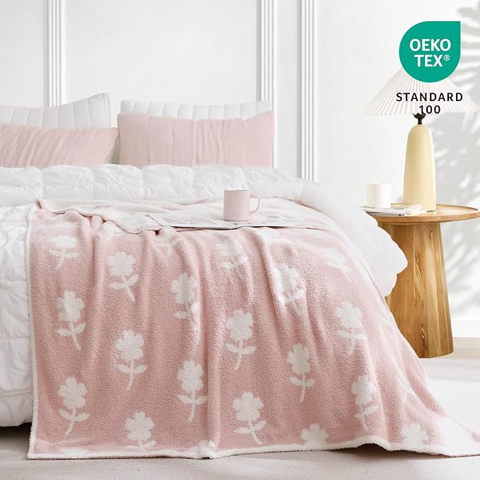 Snuggle Sac Twin Size Bedding Blanket, Pink Flower Throw Blanket for Couch, Microfiber Fluffy Warm Cozy Fuzzy Soft Reversible Blankets, Pink, 60x80 inches
