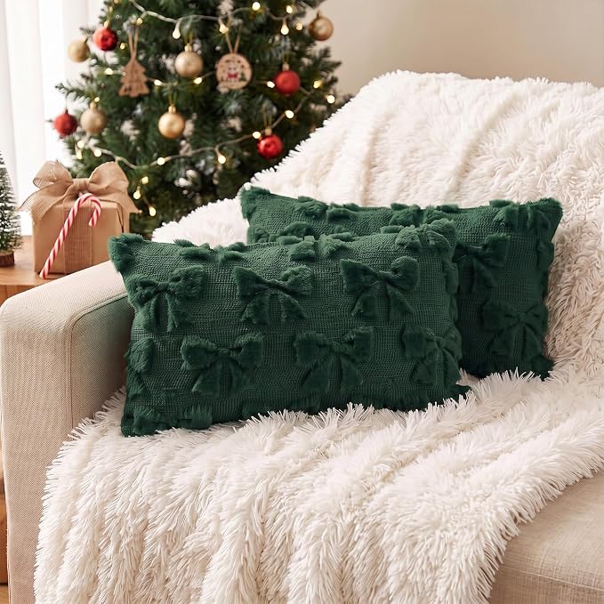 Mixweer Green Bow Pillow Covers Set of 2 Preppy Room Decor Coquette Cute Spring Summer Decorative Faux Fur Soft Bowknot Stuff Fluffy Plush Aesthetic Pillowcase for Bed Sofa Couch (12 x 20 Inch)