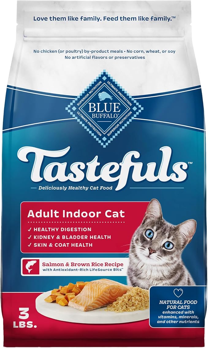 Blue Buffalo Tastefuls Salmon Adult Indoor Dry Cat Food, 3 lb | Chicken & Brown Rice Recipe, Antioxidant-Rich LifeSource Bits, No Corn, Wheat, or Soy