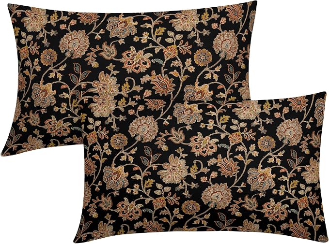 Black Brown Floral Lumbar Pillow Covers 12X20 Inch Set of 2 Vintage Boho Carpet Flowers Decorative Pillow Cases Leaves Plant Cotton Linen Cushion Case Farmhouse Home Decor For Sofa Couch Living Room