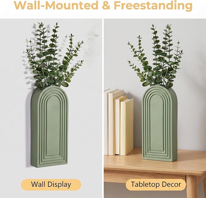 Dnnnii 2 Pack Wooden Wall Vase Set - Green Finish Modern Farmhouse & Boho Wall Decor for Entryway, Hallway, Bathroom, Living Room, Dining Room, Narrow Spaces