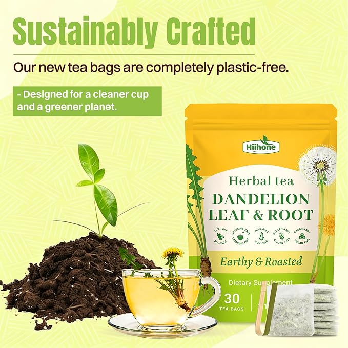 Hiihone Dandelion Root & Leaf Tea Bags 30 Count – Caffeine-Free Dandelion Herbal Tea, Supports Liver Cleanse, Detox & Digestion, Roasted Dandelion Root Tea, Natural Non-GMO