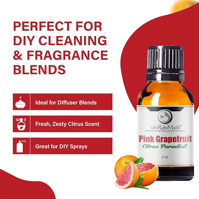 Pink Grapefruit Essential Oil Cold Pressed Citrus Paradisi Peel Oil Fresh Citrus Aroma Top Note Essential Oil for Aromatherapy Diffuser Skincare Haircare and Natural DIY Cosmetic Blends - 15 ml
