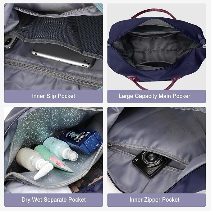 Travel Duffel Bag, Carry On Overnight Weekender Bags for Women | Travel Bag with Wet Pocket & Trolley Sleeve, For Spirit Airlines 18x14x8 Personal Item Bag