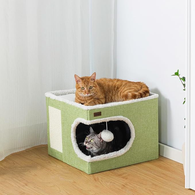 Garnpet Cat Bed for Indoor Cats Cube House, Covered Cat Cave Beds & Furniture with Scratch Pad and Hideaway Tent, Cute Modern Cat Condo for Multi Small Pet Large Kitten Kitty, Green
