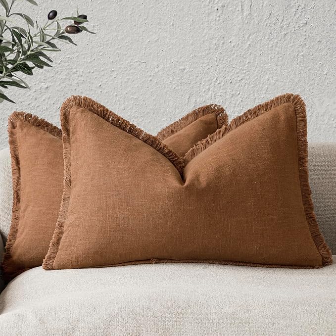 Foindtower Set of 2 Decorative Linen Fringe Throw Pillow Covers Cozy Farmhouse Cushion Cover with Tassels Lumbar Accent Pillowcase for Couch Bed Living Room Home Bedroom Decor, 12×24 Inch,Orange Brown