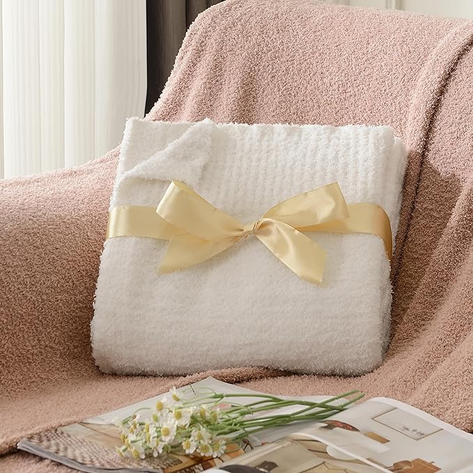 Cream Throw Blanket for Bed, Super Soft Knit Blankets, Cozy Fleece Fuzzy Fluffy Plush Chenille Throws Blanket for Couch, Sofa, Cream, 60 x 80 inches