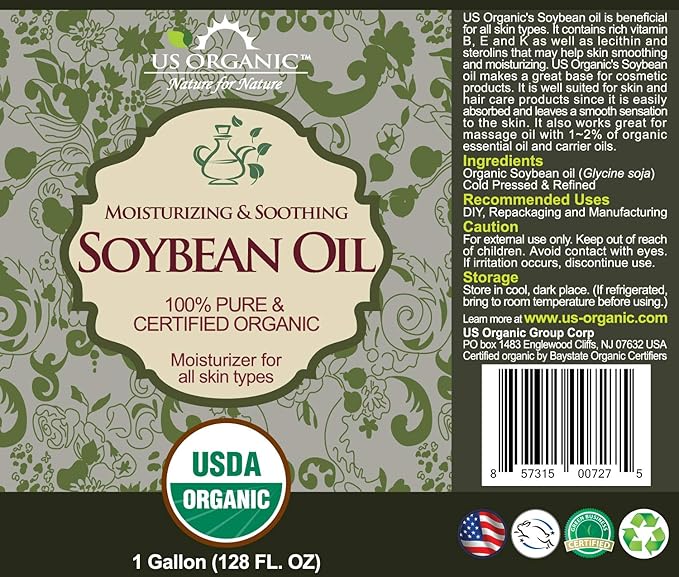 US Organic Soybean Oil bulk pack, USDA Certified Organic,100% Pure & Natural, Cold Pressed, Non GMO, Size for DIY and small manufacturers (128 oz (1 Gallon))