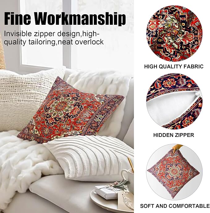 Boho Throw Pillow Covers 26x26 inch Set of 2,Soft Pillowcases Bohemia Carpet Printing Pattern Decorative Sofa Living Room Bed Square Pillow Case Cushion Cover-Red