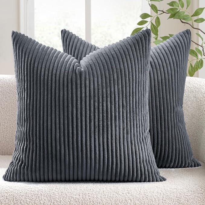 MIULEE Decorative Corduroy Throw Pillow Covers Set of 2 20x20 Grey | Soft Striped Textured Cushion Cases, Boho Modern Square Pillowcases for Home Decor, for Couch Chair Sofa Bed Living Room