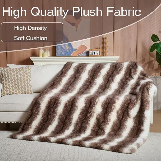 Luxury Fluffy Faux Fur Throw Blanket,Thick Fluffy Silky Fuzzy Cozy Blanket,Plush Blankets for Couch, Sofa, Chair, Bed-Faux Fur Brown Stripe 50 * 60inch