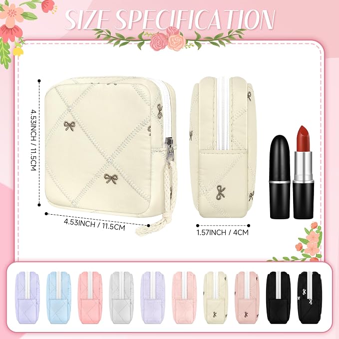 Likesing Quilted Period Bag, Period Pouches for Teen Girls Womens, Portable Bow Sanitary Napkin Storage Bag Feminine Emergency Tampon Pad Pouch(Beige Bow)