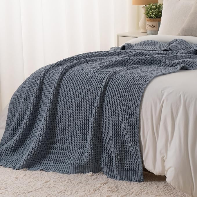 Blue Grey Throw Blanket for Couch, Waffle Knitted Throw Blanket 60"x80" | Chunky Chenille Throw Blanket, Soft Blue Throw Blanket for Home Decor, Sofa, Modern Farmhouse Knit Style