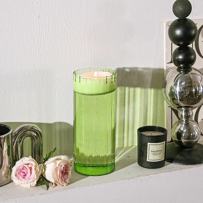 ComSaf Glass Cylinder Vase 8 Inch Tall, Green Ribbed Decor for Centerpieces | Decorative Flower Vase, Hurricane Floating Candle Holder, Wedding Decor, Reception Table, Home Accent, Housewarming Gift