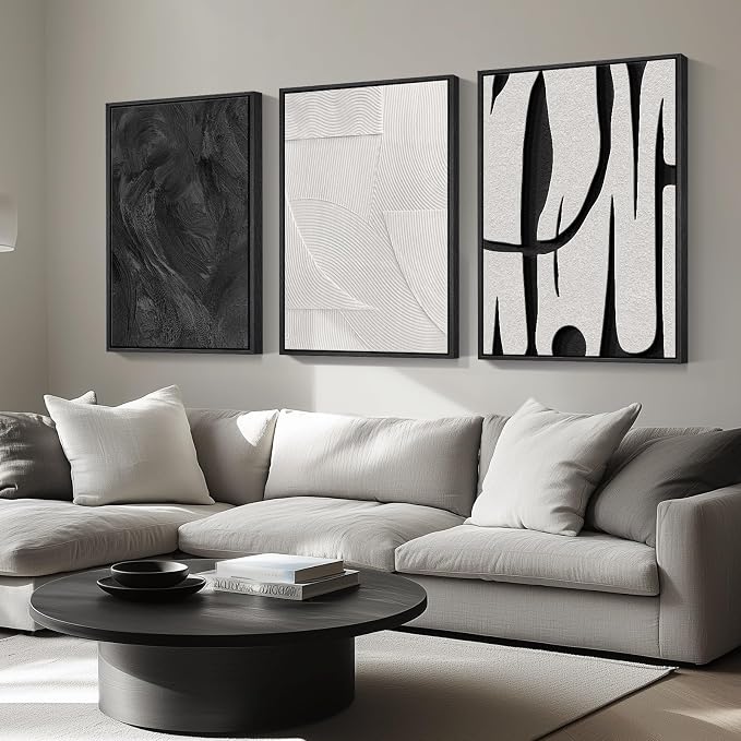 Large Framed Black and White Abstract Wall Art for Living Room, 3 Piece | Modern Canvas Prints, Black White Artwork for Walls, Minimalist Pictures, Bedroom Office Paintings Wall Decor Total 30x60 In
