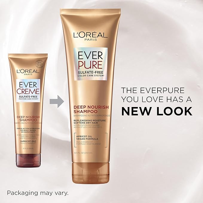 L'Oreal Paris Shampoo, Sulfate Free, Triple Action Hydration for Dry Hair, EverPure, 8.5 Fl Oz (Packaging May Vary), Damaged, Color-Treated Hair, Apricot Oil Infused, Deep Nourish
