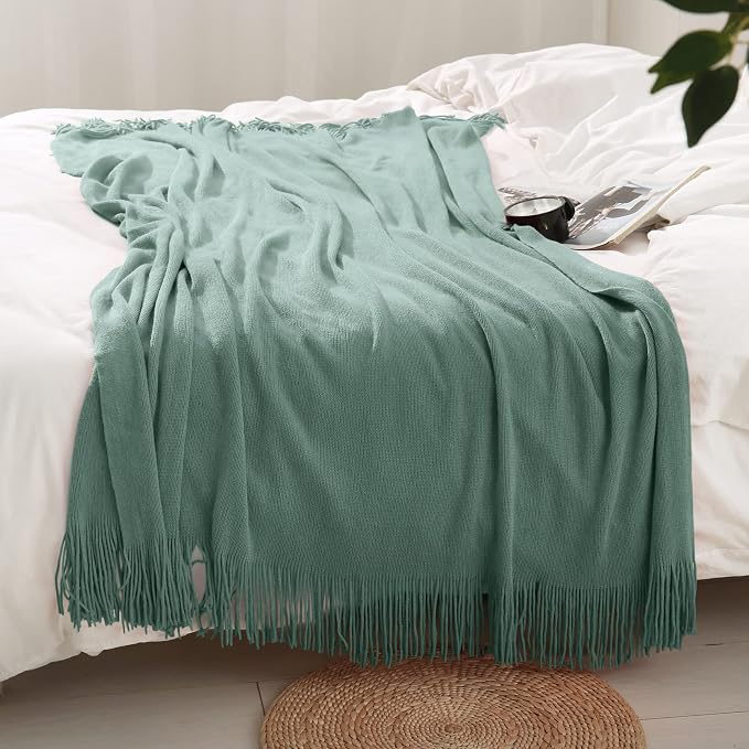 Homiest Sage Green Knitted Throw Blanket with Fringe, 50x60 Inch | Pure Acrylic, Lightweight & Breathable, All-Season Use, Machine Washable, Wrinkle & Fade Resistant, for Couch Sofa And Bed