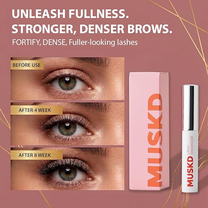 MUSKD Eyelash Growth Serum - Lash Enhancer for Longer, Thicker, Fuller Lashes & Brows - Natural, Vegan & Cruelty-Free Eyelash Serum for Lash & Brow Growth, Gentle Formula (3 ML)