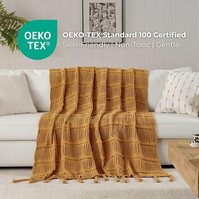 Boho Knitted Chenille Blanket with Tassels - Lightweight & Soft All-Season Throw - 3D Classic Pattern for Living Room Bedroom Couch, Amber Brown, King 90"x108"