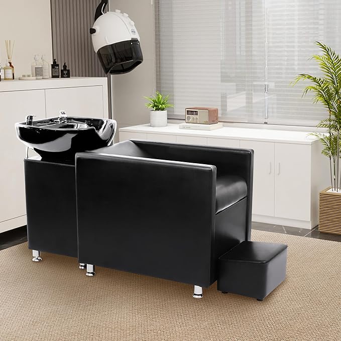 Backwash Shampoo Station Chair, Shampoo Bowl and Chair Set for Salon, Hair Washing Station for Hair Stylist, Backwash Chair with Ceramic Bowl, Sink Chair Station for Barbershop