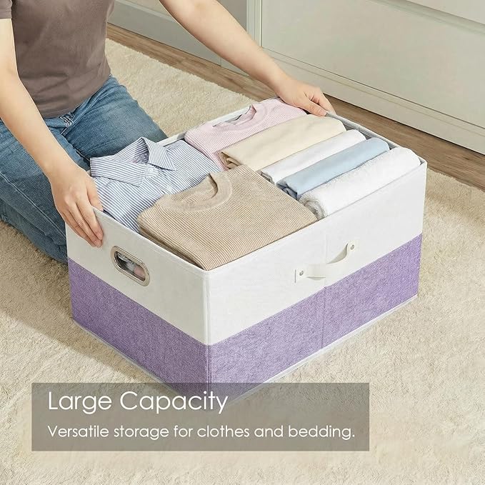 Storage Bins with Lids [3-Pack] Linen Fabric Foldable Storage Boxes Organizer Containers Baskets Cube with Cover for Bedroom Closet Office White&Purple (23.4X15.9X11.4)