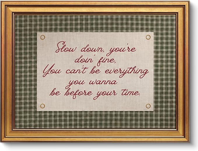 Vintage Gold Framed Wall Art, Slow Down You're Doing Fine Quote, 12x16 in | Green plaid canvas print, retro song lyric decor, daily reminder for bedroom, living room, office, dorm, or entryway