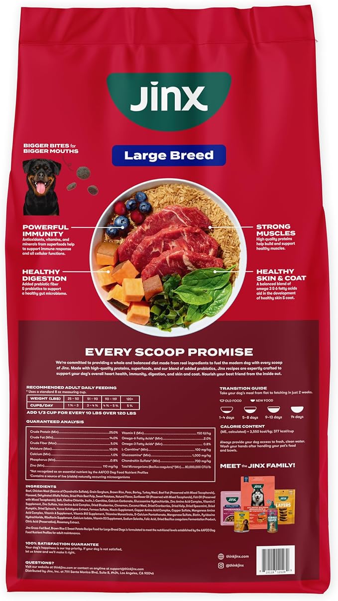 Jinx Dry Dog Food, Large Breed - Beef, Brown Rice & Sweet Potato, 30lb | Premium Large Breed Kibble with Antioxidants for Joint Health, Mobility & Immune Support - No Fillers