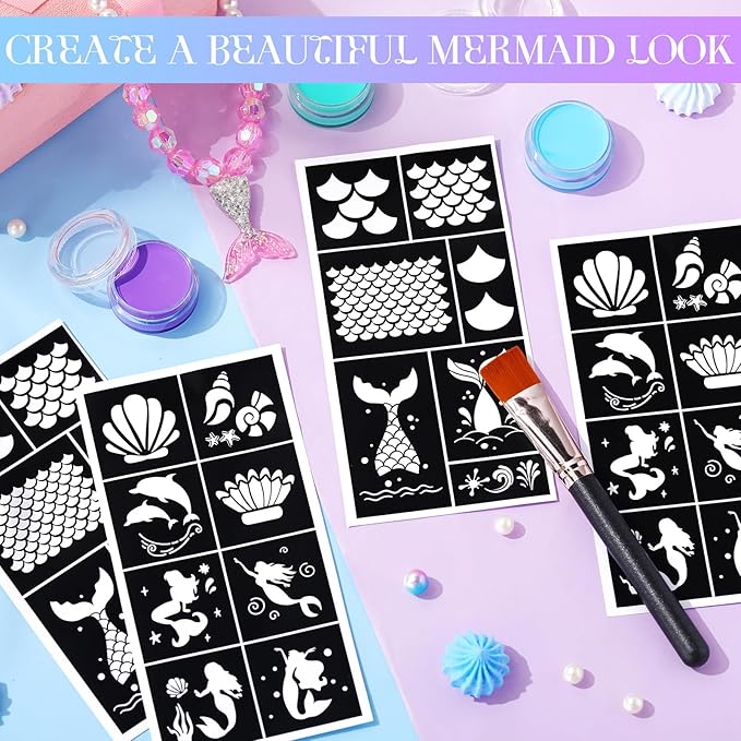Thenshop 34 Pcs Mermaid Face Painting Kit Include Brush, 30 Sheet Mermaid Scale Stencil Reusable Stencil Stickers 3 Pcs Paints Face Body Paint Set for Halloween Birthdays Party Makeup Mermaid Cosplay