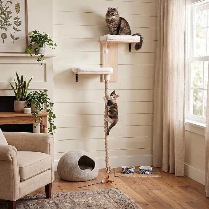 Cat Wall Shelves, 2 Beds with 4.92 ft Cat Scratching Post Rope | Tree Shape Cat Wall Furniture Set, Kitten Floating Shelf with Soft Cushion Perch, Solid Wood Cat Perch for Climb, Play, Nap