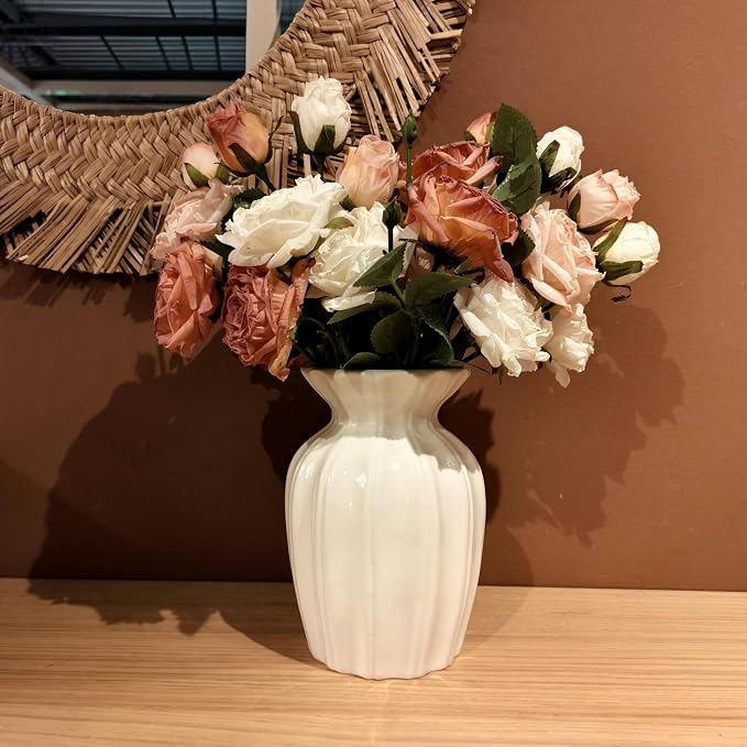 White Vase, 7.9 Inch Ceramic Vase for Flowers, Flower Vase for Centerpieces, Cute Vases for Home Decor, Farmhouse Ceramic Flower Vase for Living Room Shelf Table Cabinet Wedding