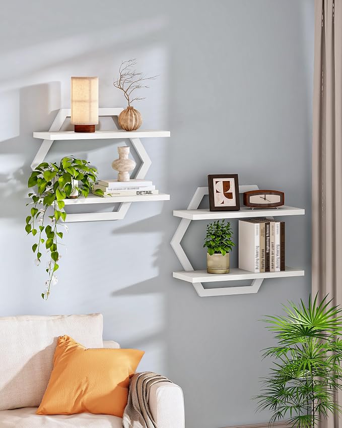 Hexagon Floating Shelves for Wall, Set of 2, 2 -Tier Hanging Shelves, Wall Mounted Storage Shelves, for Living Room, Bedroom, Kitchen, Home Office, Study, White TBJ06P2WB