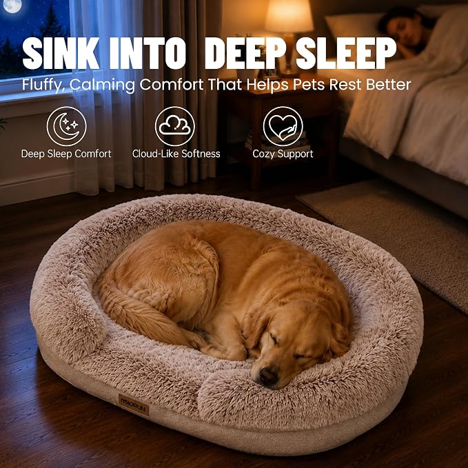 Fluffy Orthopedic Dog Beds Large Sized Dog, 48" Bolster Sofa Bed | Soft plush faux fur,lowered entry,washable cover,waterproof liner,claming dog couch for x-large dogs,supportive bolster