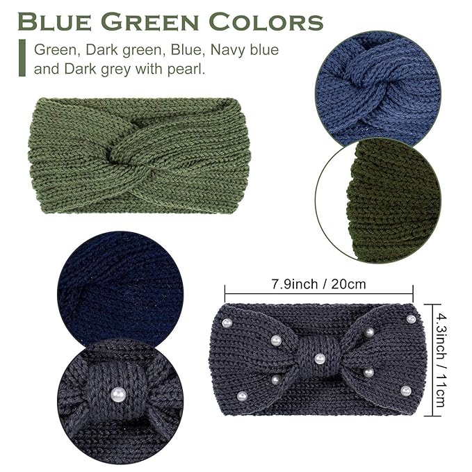 Whaline 5 Pieces Winter Knit Headbands Chunky Knit Headbands,4 Elastic Turban Head Wraps and 1 Pearl Crochet Hair Band, Ear Warmer Crochet Head Wraps for Women Girls (Blue Green Colors)
