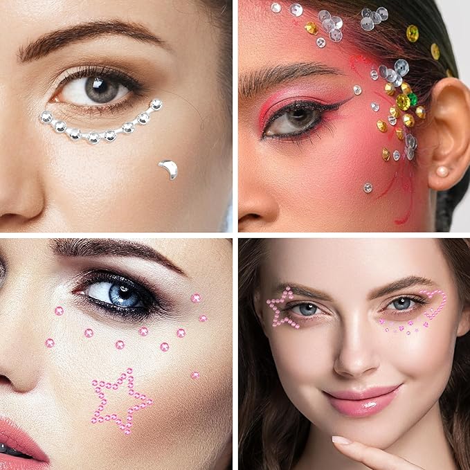 Star Face Stickers Gems for Women, Self Adhesive Face Rhinestones Hair GemsHeart Star Moon Shape Accessories with Tweezers for Makeup Body Hair Decor Festival Craft
