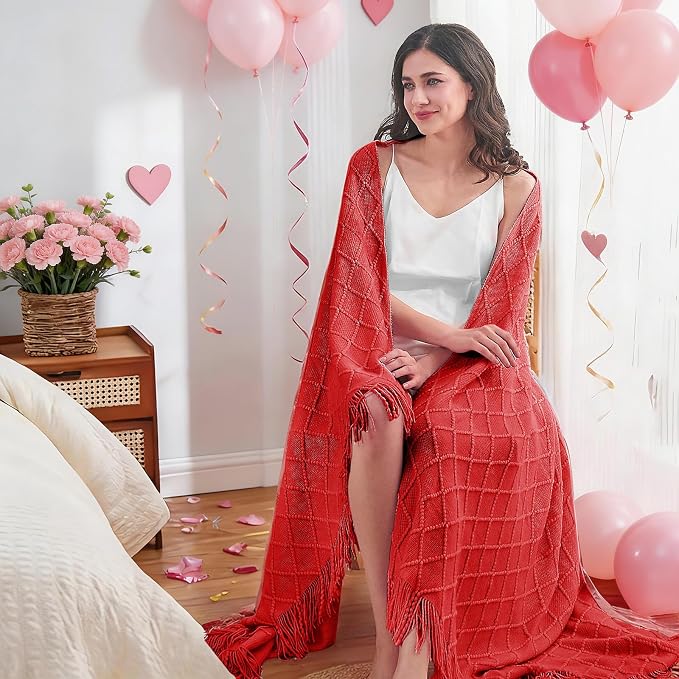inhand Red Knitted Throw Blanket for Couch and Bed, 60"x80" | Gifts for Mom from Daughter Son, Soft Lightweight with Tassels, Farmhouse Warm Decorative Blanket for Women, Cozy Knit