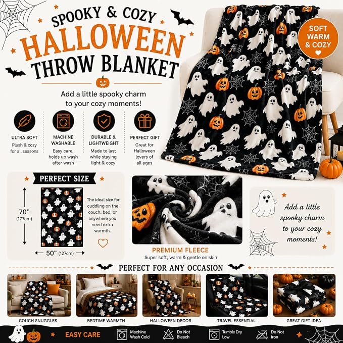 Halloween Cute Fleece Throw Blanket, Jack-O-Lanterns, Ghosts & Webs, 50x70 | Ultra-soft cozy flannel fleece, for sofa couch bed chair & dorms, spooky Halloween décor, durable and machine washable.