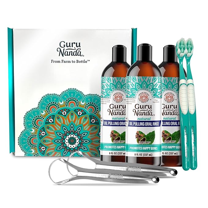 GuruNanda CocoMint Oil Pulling Mouthwash for Complete Oral Hygiene, 7 Essential Oils & Vitamins for Happy Teeth & Gums & Fresh Breath, with 2 Toothbrushes & 2 Tongue Scrapers, Alcohol-Free, 3X8 oz
