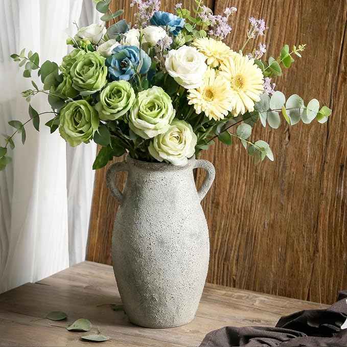 Ceramic Rustic Vase with Handle, 11.3 Inch Tall Farmhouse Vase | Vintage Terracotta Vase with 2 Handles Adds Rustic Charm to Living Room, Entryway, Table Centerpieces and Home Decor