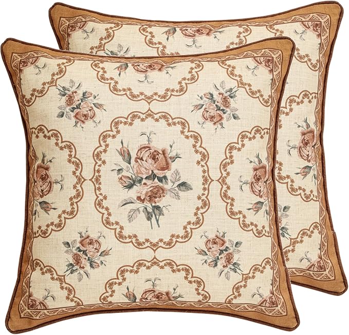 patdrea Vintage Linen Throw Pillow Cover,18"x18",Set of 2-ParkerEstate C | French Decorative Pillow Case with Zipper,Bird and Floral Pattern,Cushion Coverfor Couch Living Room Bedroom
