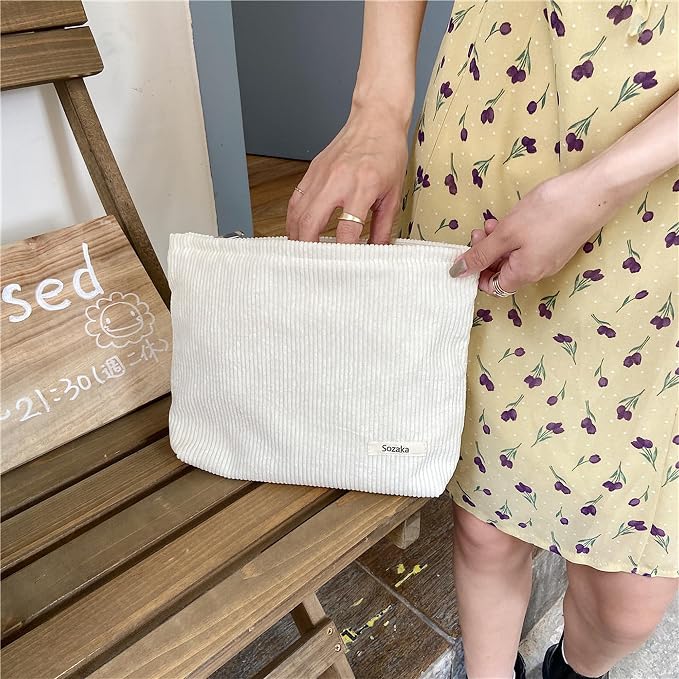 Cosmetic Bags for Women - Corduroy Cosmetic Bag Aesthetic Women Handbags Purses Smile Dots Makeup Organizer Storage Makeup Bag Girls Case Bags (Pure Milky white)