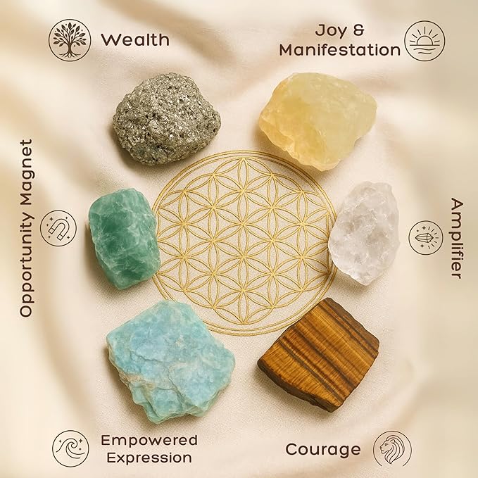 Anima Premium Abundance Healing Crystals Set for Success & Good Luck - Large Raw Citrine, Pyrite, Tigers Eye, Green Aventurine, Amazonite & Clear Quartz - Wooden Gift Box and Guide Booklet Included